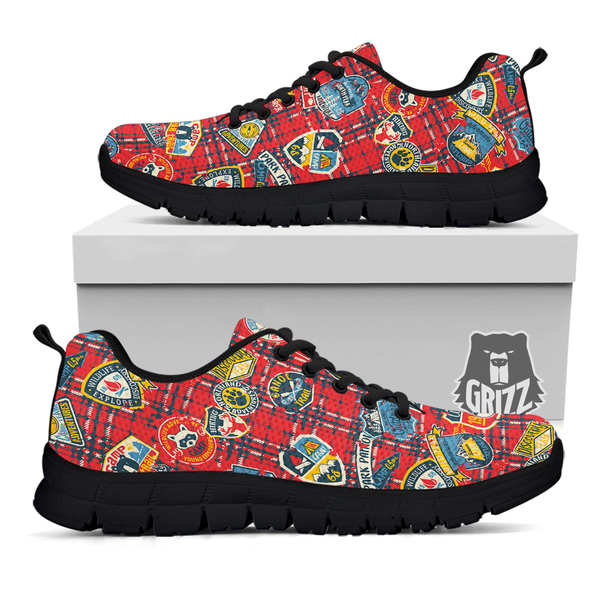 Red Plaid Mountain Camp Tartan Print Black Sneaker-grizzshop