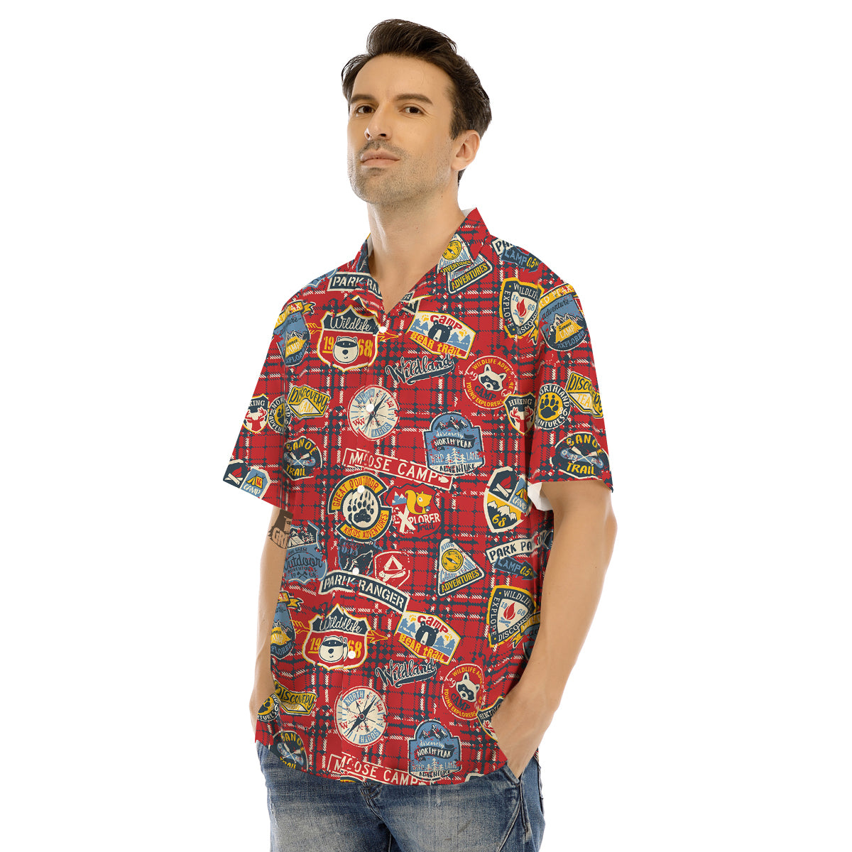 Red Plaid Mountain Camp Tartan Print Men's Hawaiian Shirt-grizzshop