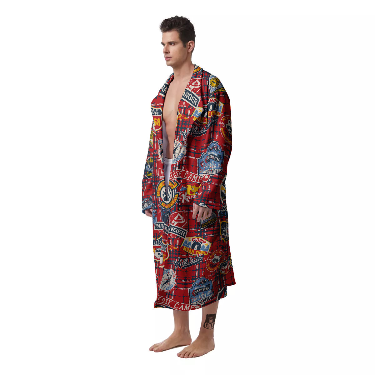 Red Plaid Mountain Camp Tartan Print Men's Robe-grizzshop