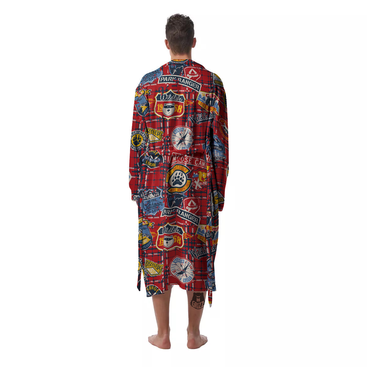 Red Plaid Mountain Camp Tartan Print Men's Robe-grizzshop
