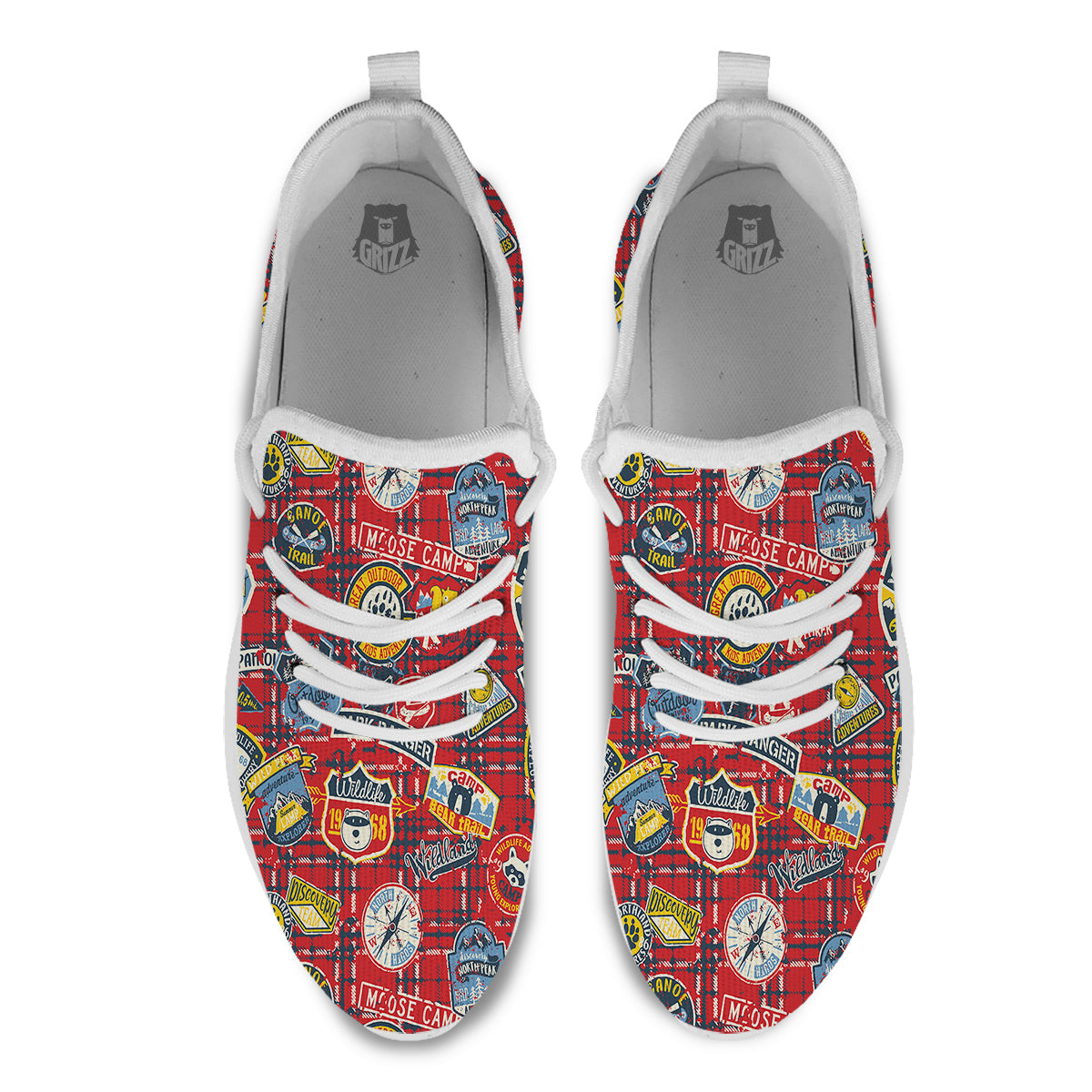 Red Plaid Mountain Camp Tartan Print White Athletic Shoes-grizzshop