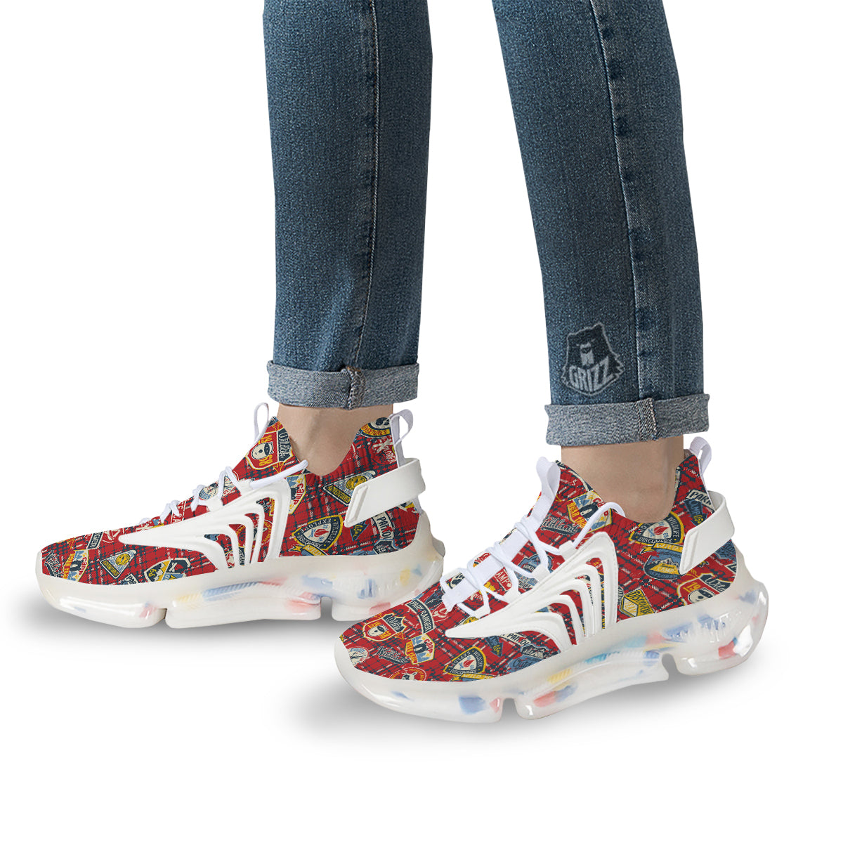 Red Plaid Mountain Camp Tartan Print White Gym Shoes-grizzshop