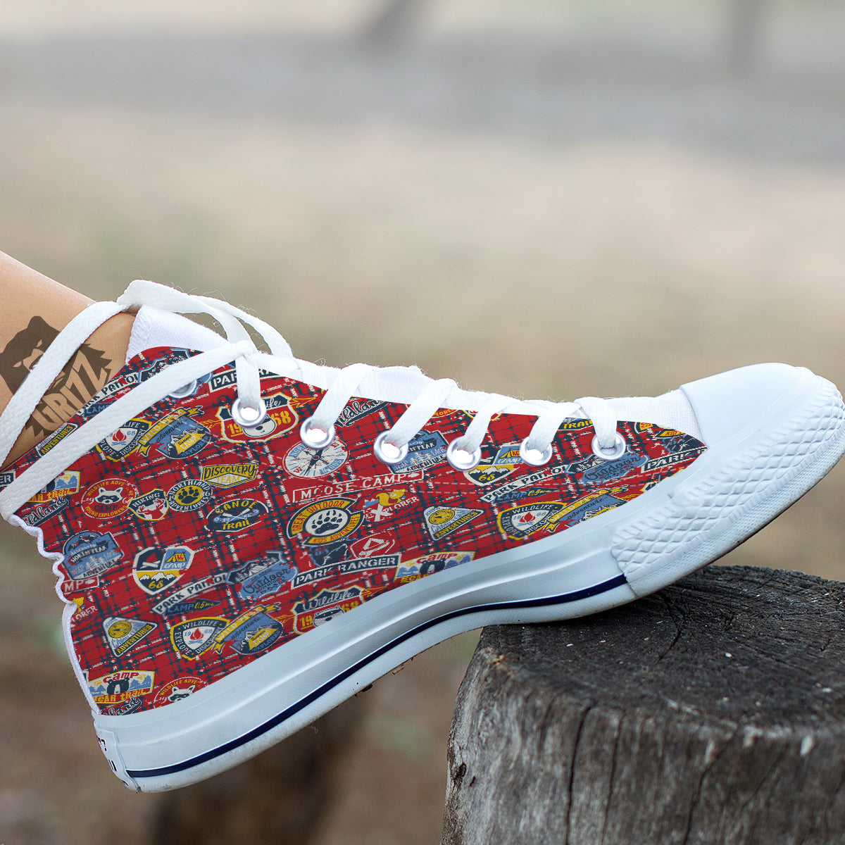 Red Plaid Mountain Camp Tartan Print White High Top Shoes-grizzshop