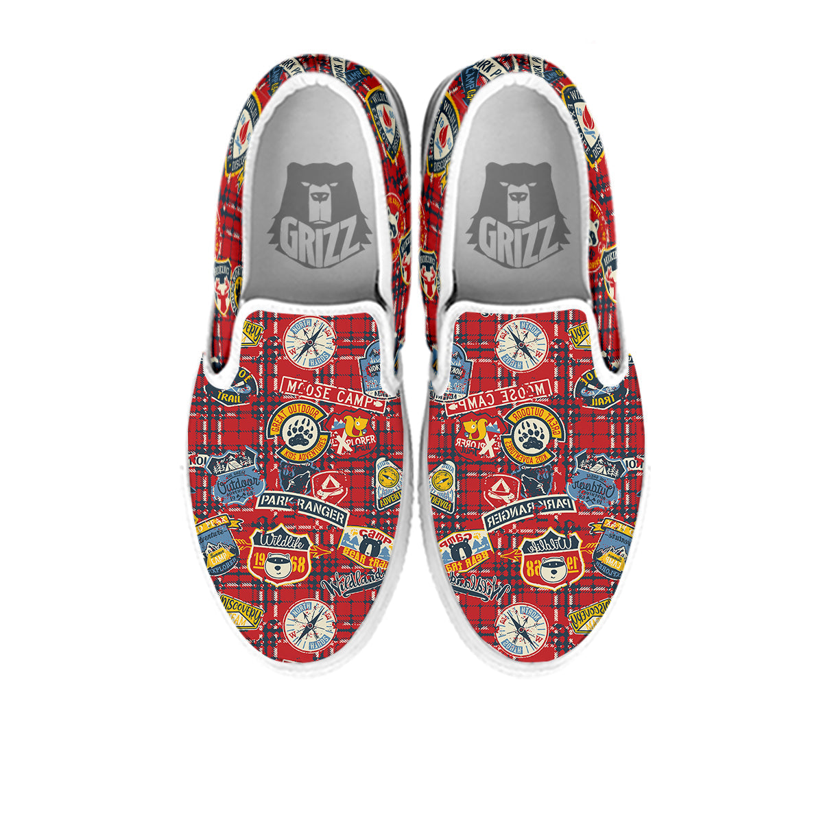 Red Plaid Mountain Camp Tartan Print White Slip On Shoes-grizzshop