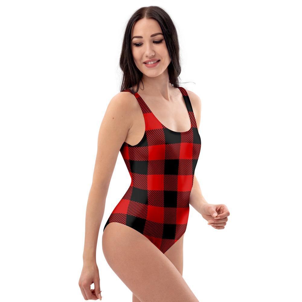 Red Plaid One Piece Swimsuite-grizzshop