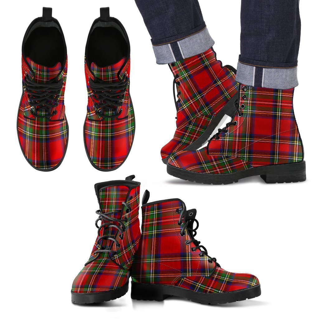 Red Plaid Tartan Black Leather Boots For Men-grizzshop
