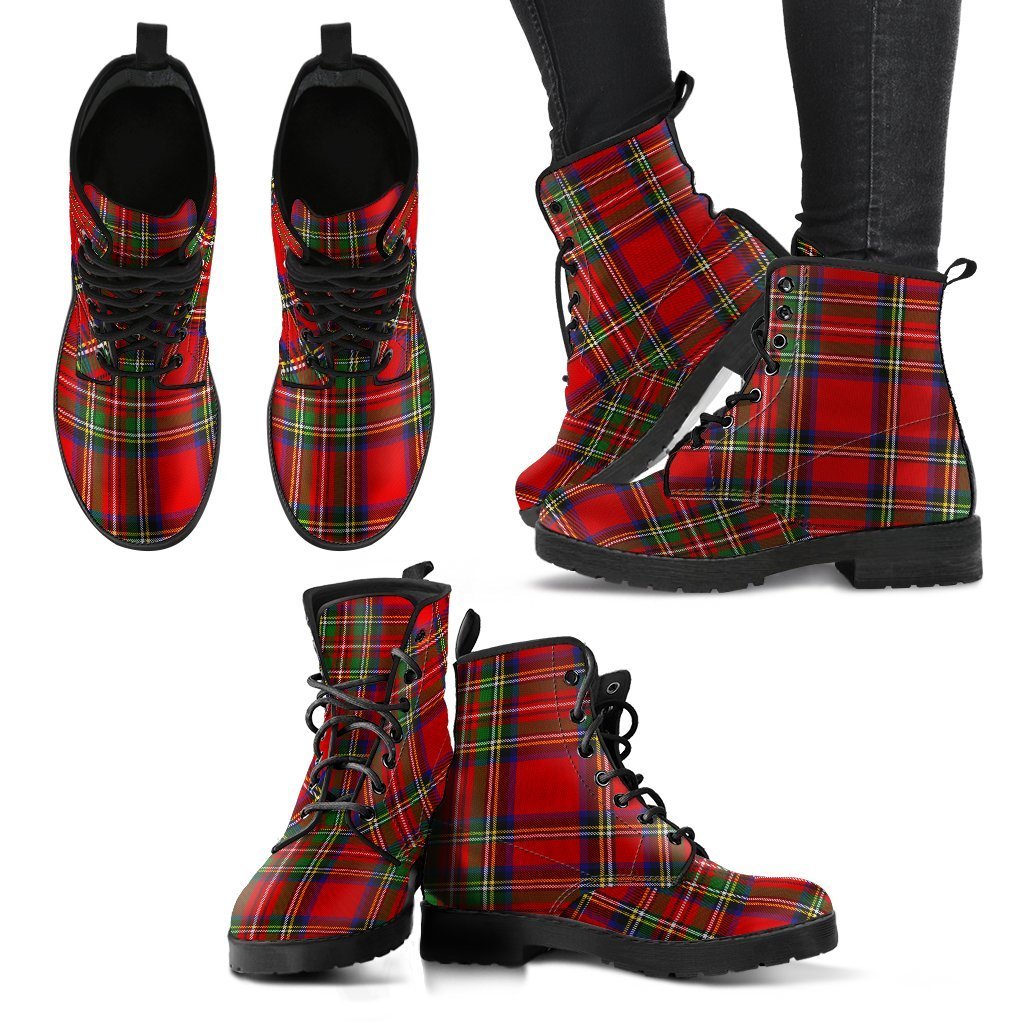 Red Plaid Tartan Black Leather Boots For Women-grizzshop