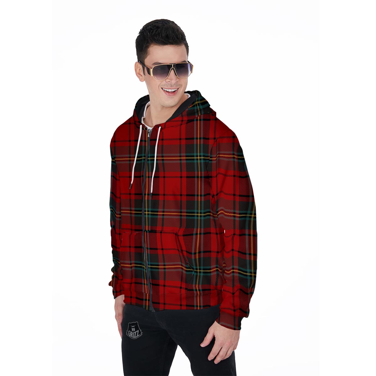 Red Plaid Tartan Men's Zip Up Hoodie-grizzshop