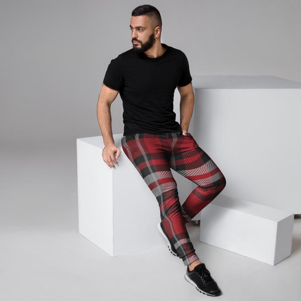Red Plaid Tartan Print Men's Joggers-grizzshop