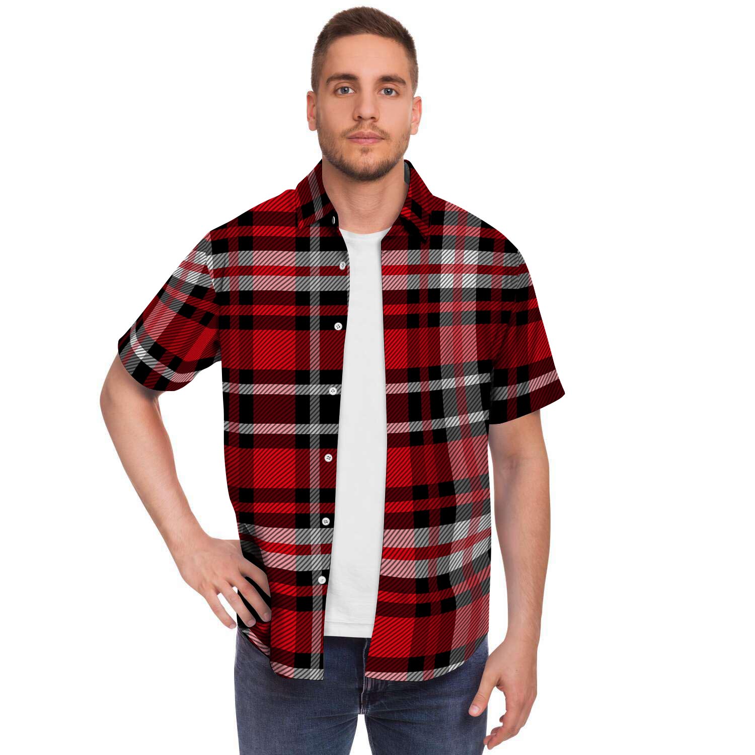 Red Plaid Tartan Print Men's Short Sleeve Shirt-grizzshop