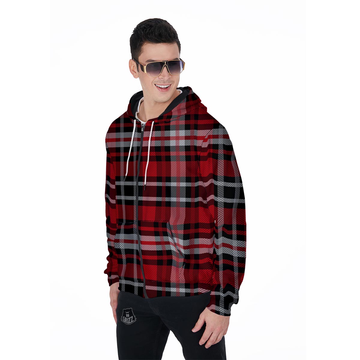 Red Plaid Tartan Print Men's Zip Up Hoodie-grizzshop