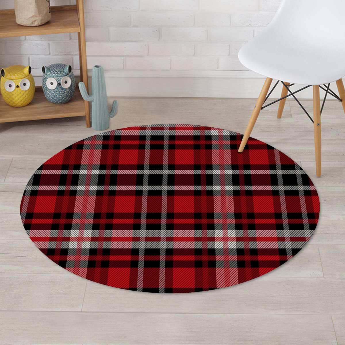 Red Plaid Tartan Print Round Rug-grizzshop