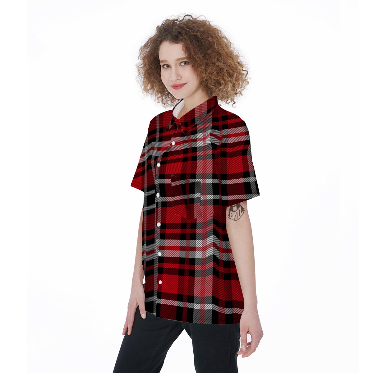 Red Plaid Tartan Print Women's Short Sleeve Shirts-grizzshop