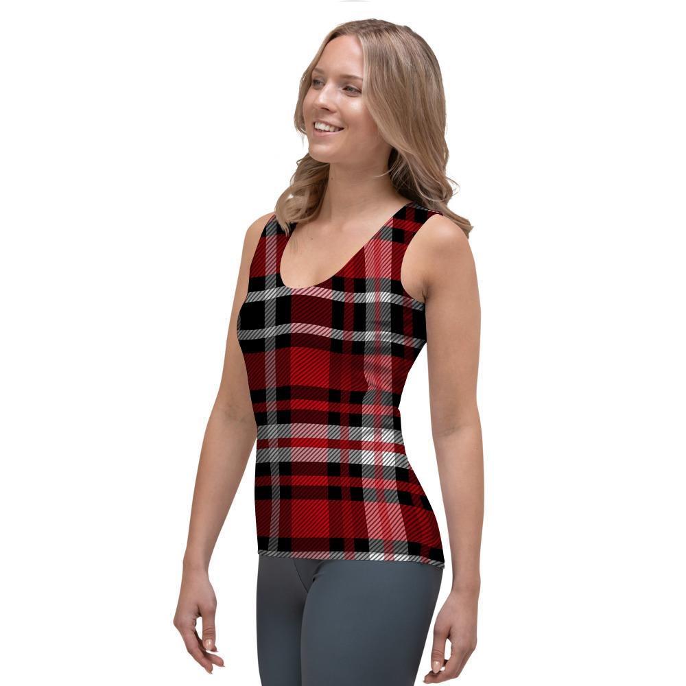 Red Plaid Tartan Print Women's Tank Top-grizzshop