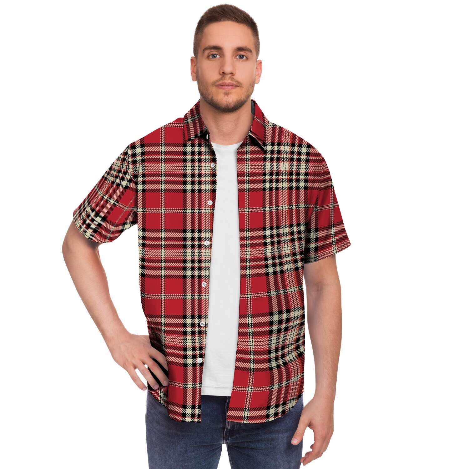Red Plaid Tartan Scottish Men's Short Sleeve Shirt-grizzshop
