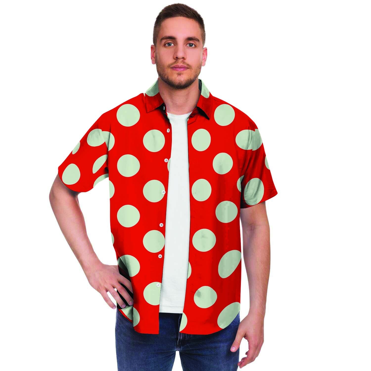 Red Polka Dot Men's Short Sleeve Shirt-grizzshop
