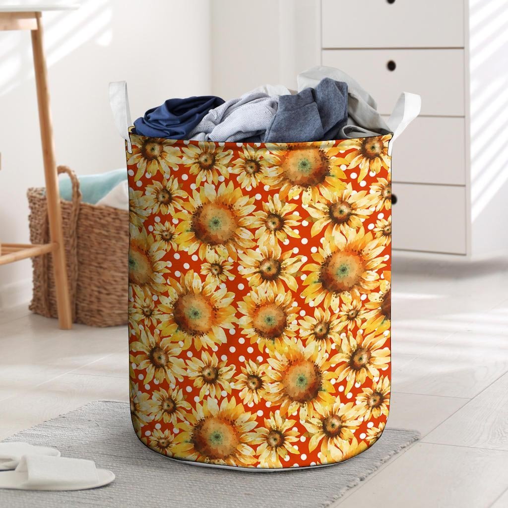 Red Polka Dot Sunflower Laundry Basket-grizzshop