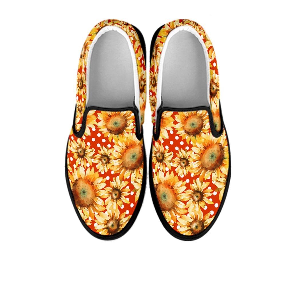 Red Polka Dot Sunflower Women's Slip On Sneakers-grizzshop