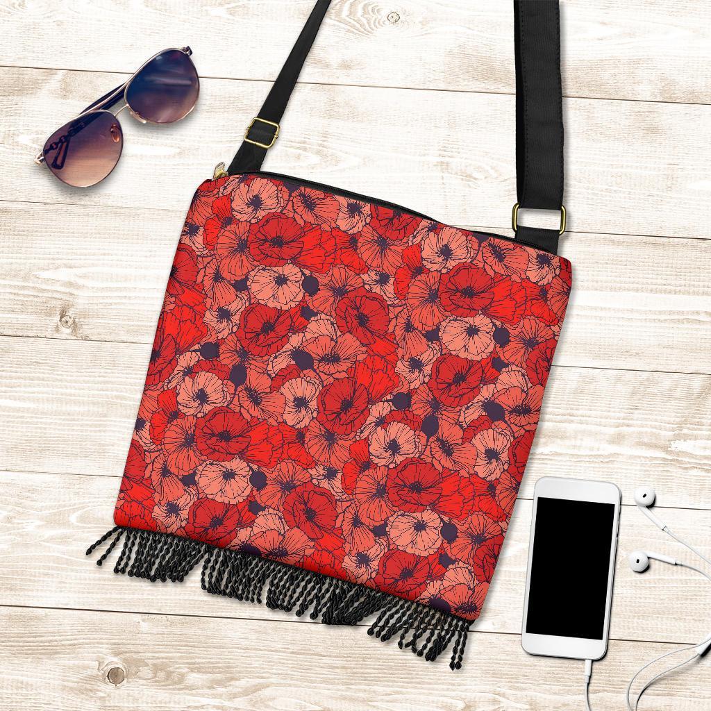 Red Poppy Floral Pattern Print Crossbody Bags-grizzshop