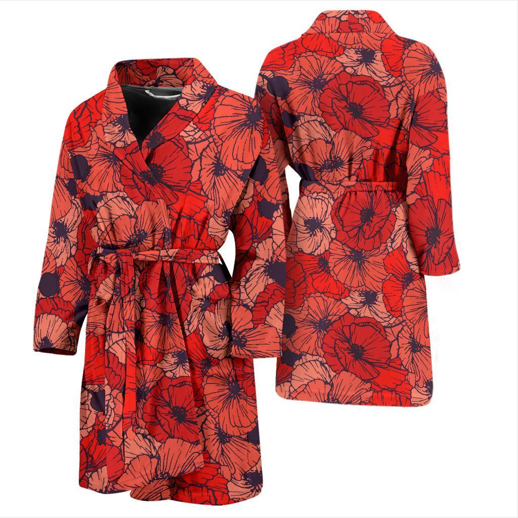 Red Poppy Floral Pattern Print Men Long Robe-grizzshop