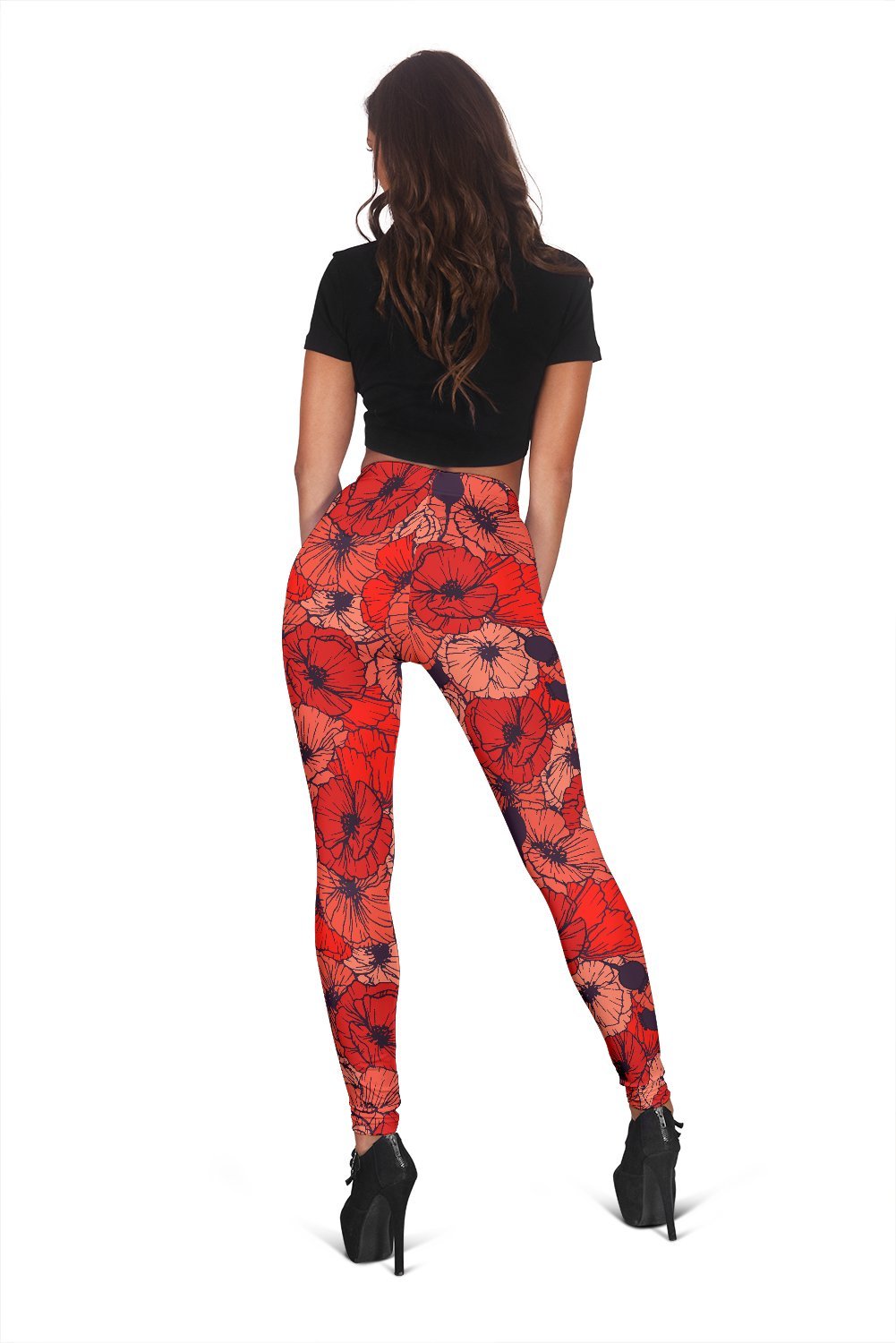 Red Poppy Floral Print Pattern Women Leggings-grizzshop