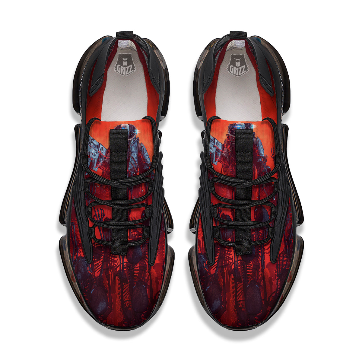 Red Robot And Skeleton Troop Print Black Gym Shoes-grizzshop