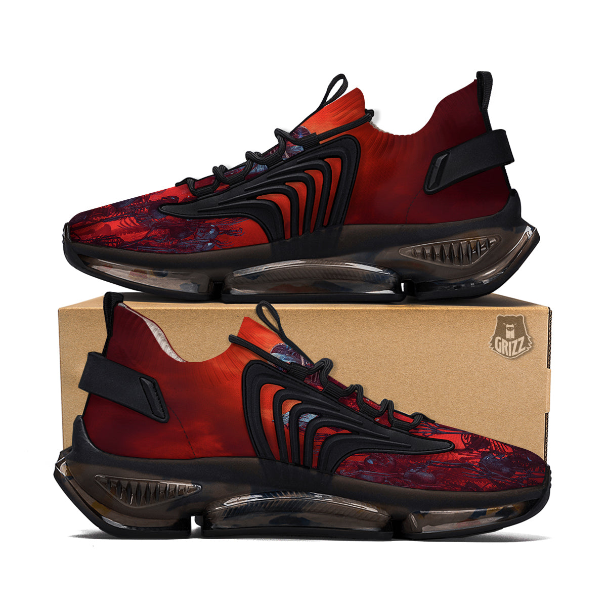 Red Robot And Skeleton Troop Print Black Gym Shoes-grizzshop
