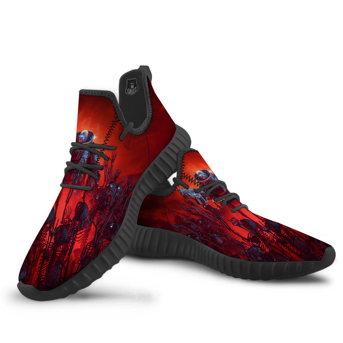 Red Robot And Skeleton Troop Print Black Walking Shoes-grizzshop