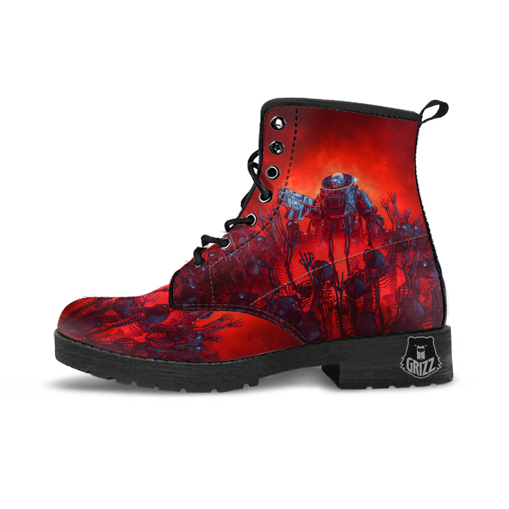 Red Robot And Skeleton Troop Print Leather Boots-grizzshop