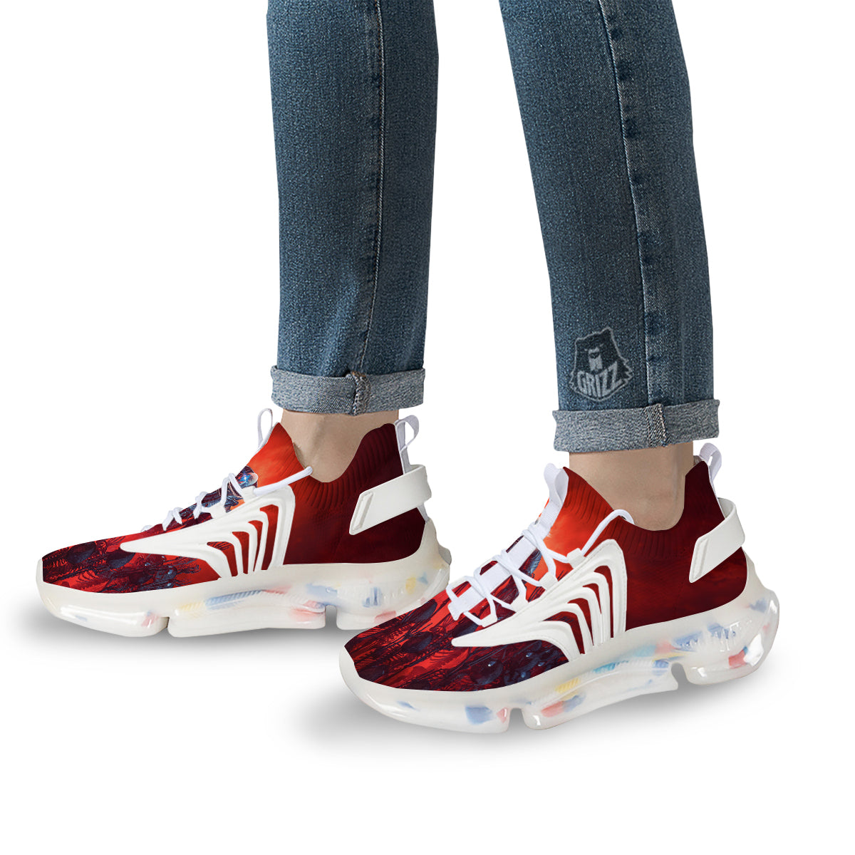 Red Robot And Skeleton Troop Print White Gym Shoes-grizzshop