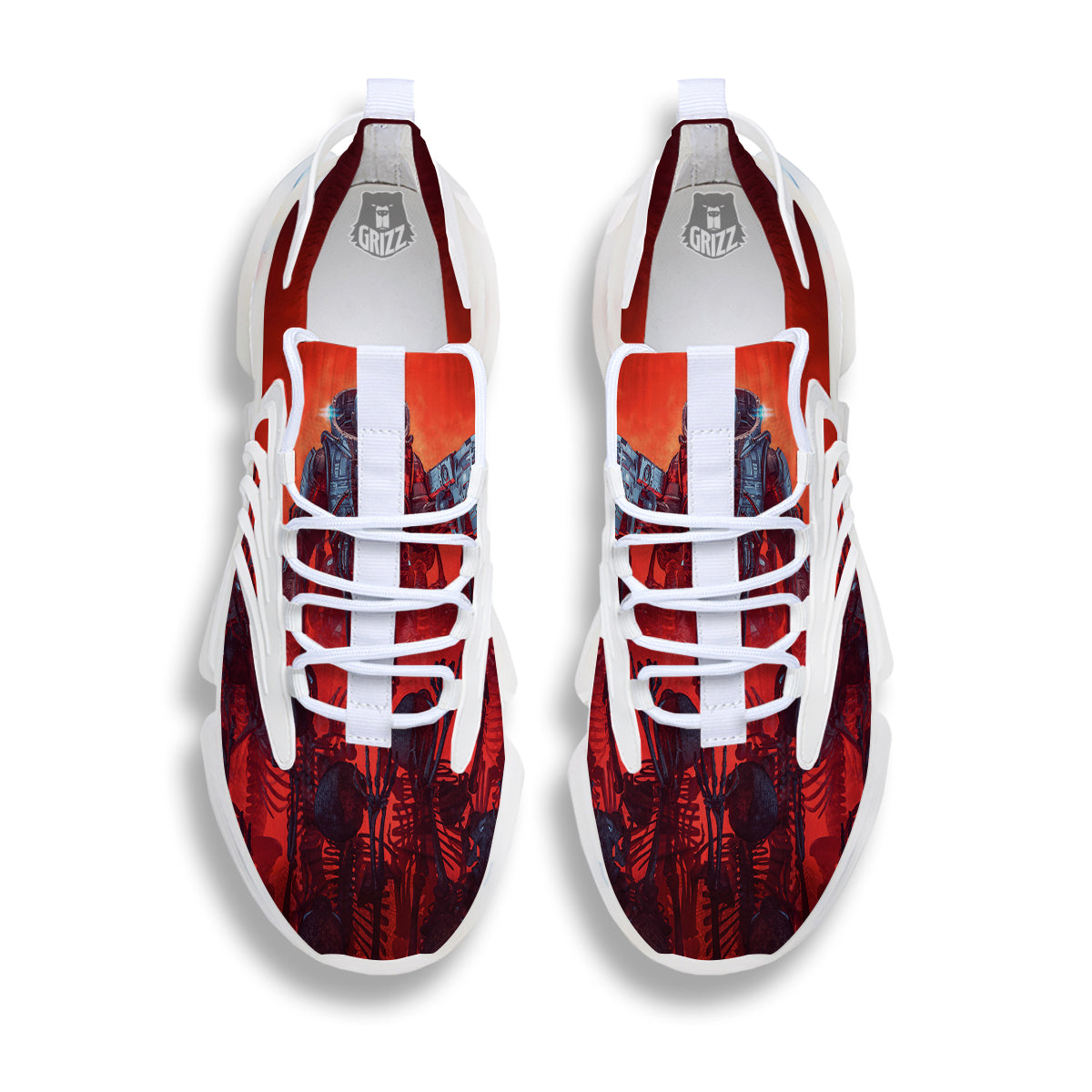 Red Robot And Skeleton Troop Print White Gym Shoes-grizzshop