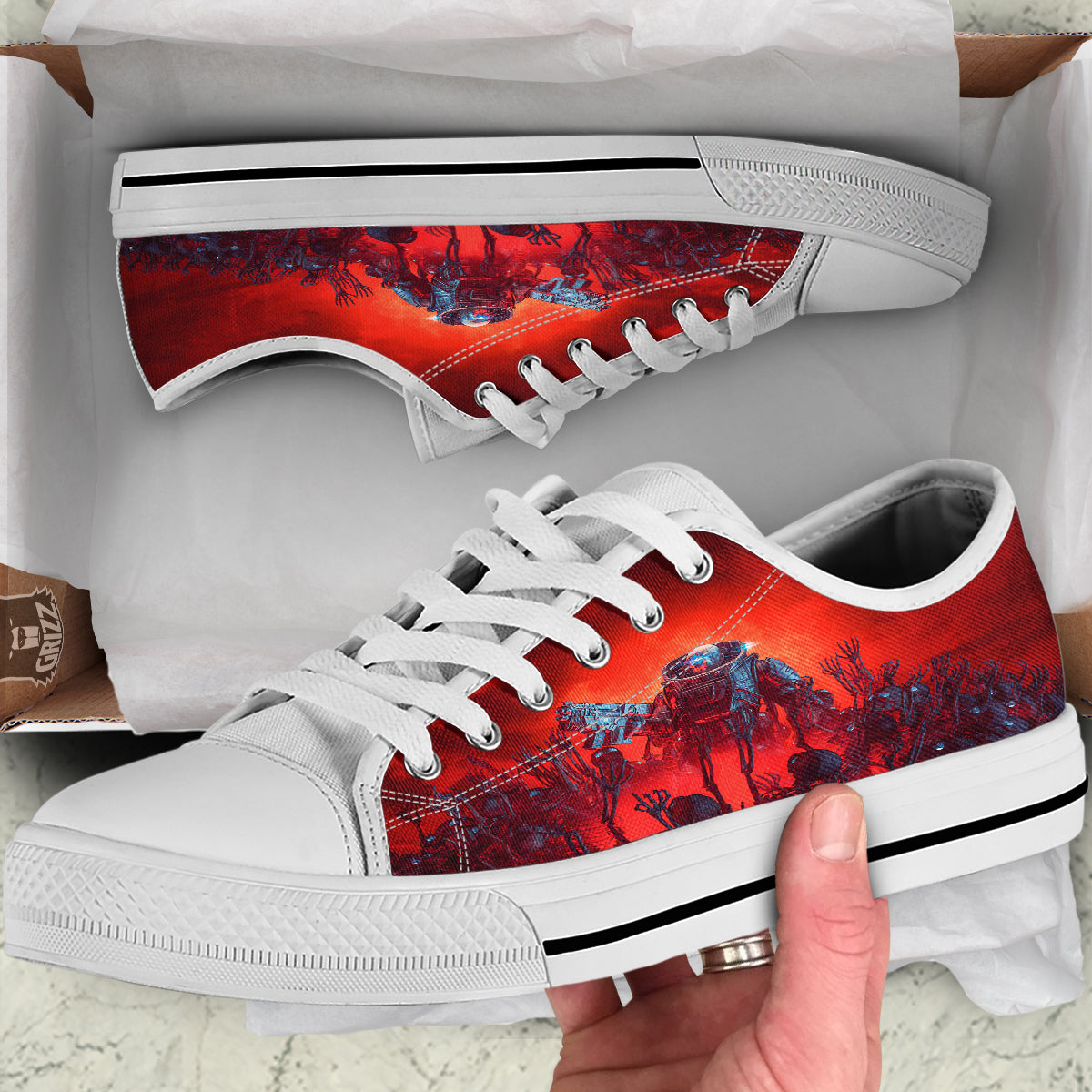 Red Robot And Skeleton Troop Print White Low Top Shoes-grizzshop