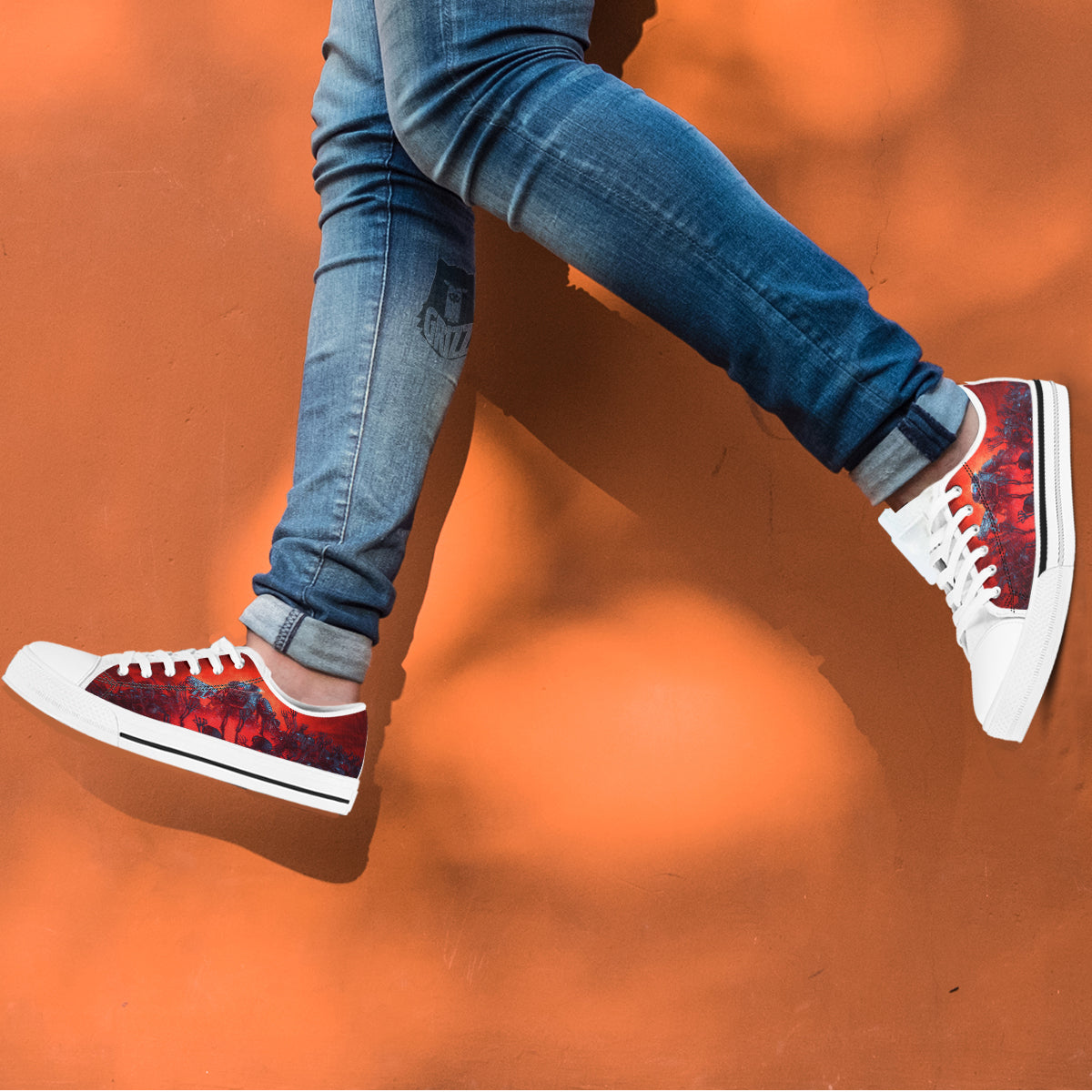 Red Robot And Skeleton Troop Print White Low Top Shoes-grizzshop