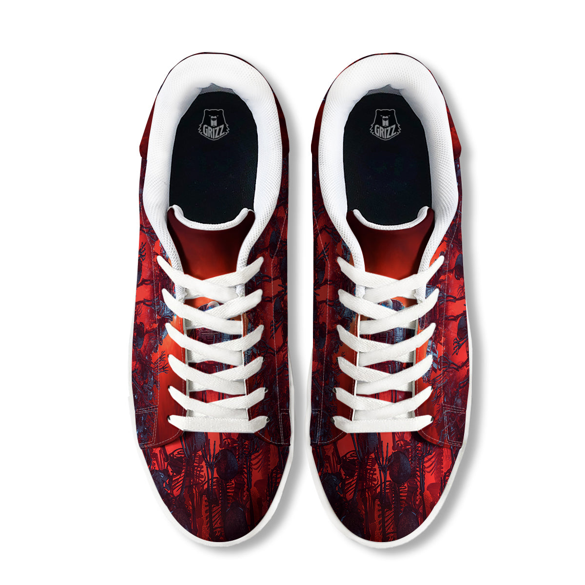 Red Robot And Skeleton Troop Print White Low Top Sneakers-grizzshop