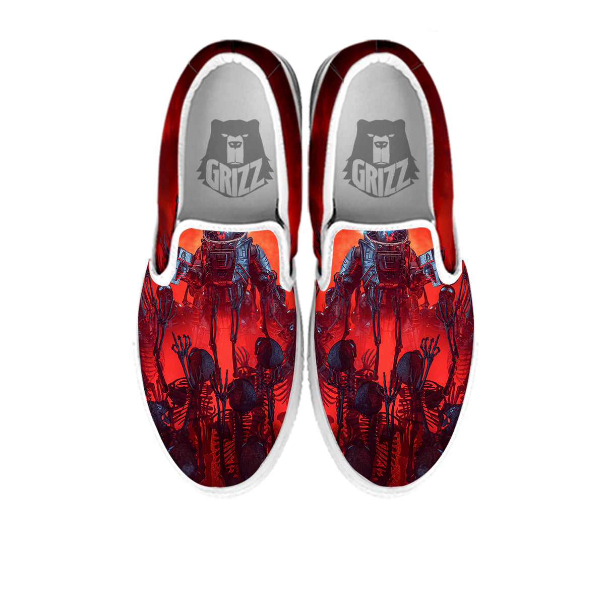 Red Robot And Skeleton Troop Print White Slip On Shoes-grizzshop