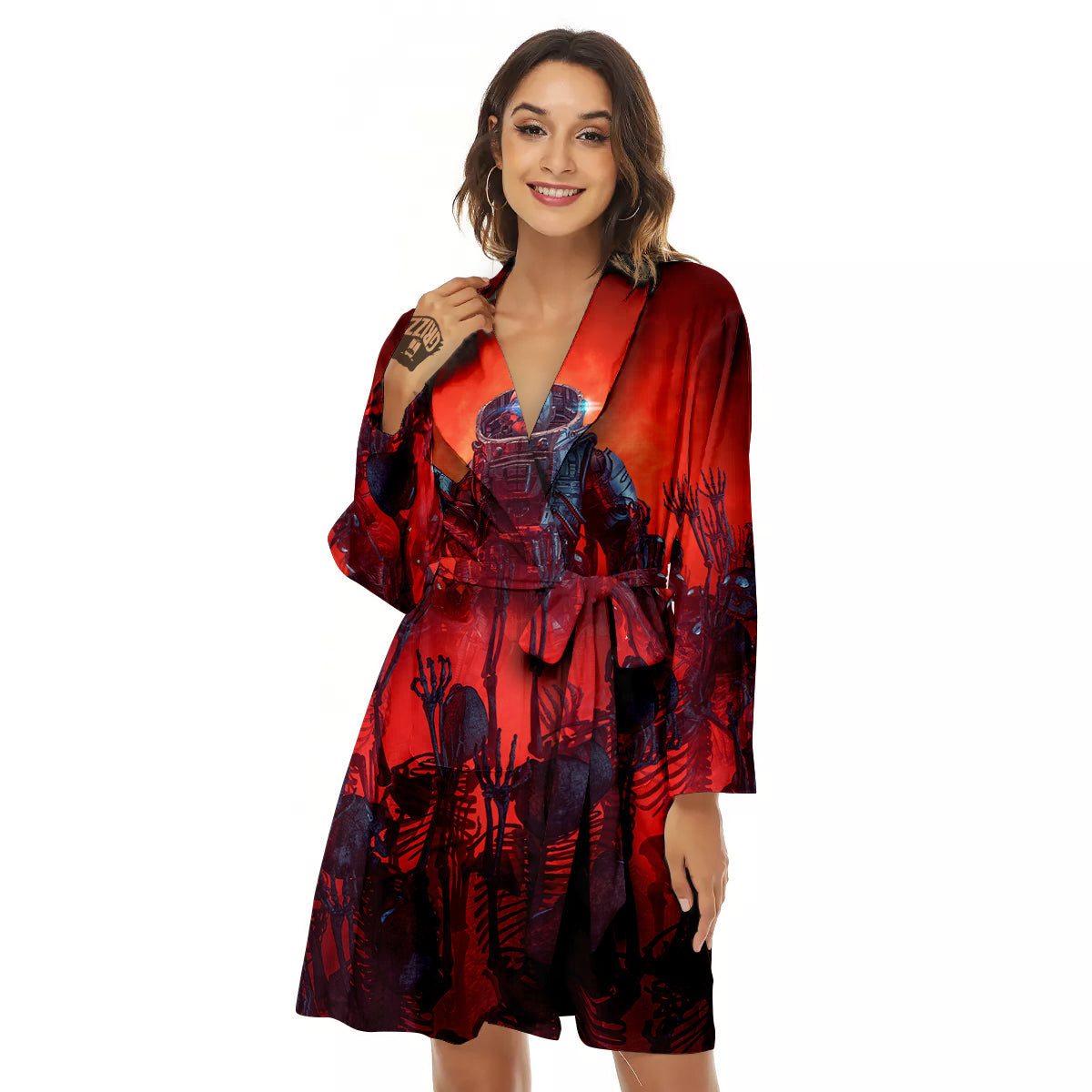 Red Robot And Skeleton Troop Print Women's Robe-grizzshop