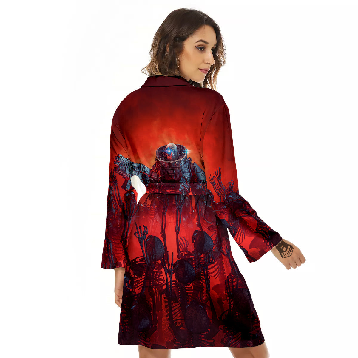 Red Robot And Skeleton Troop Print Women's Robe-grizzshop