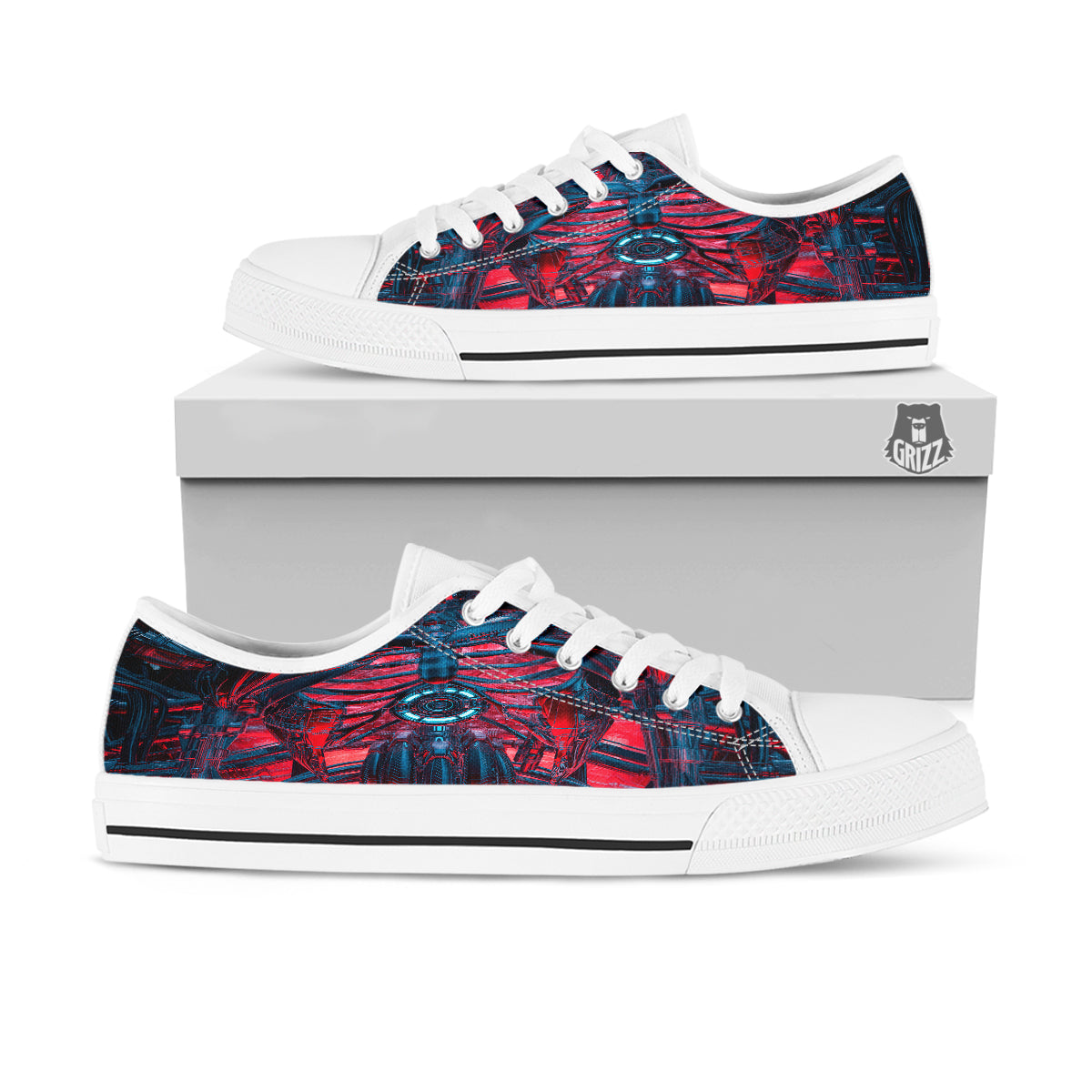 Red Robot Cyberpunk Print White Low Top Shoes-grizzshop