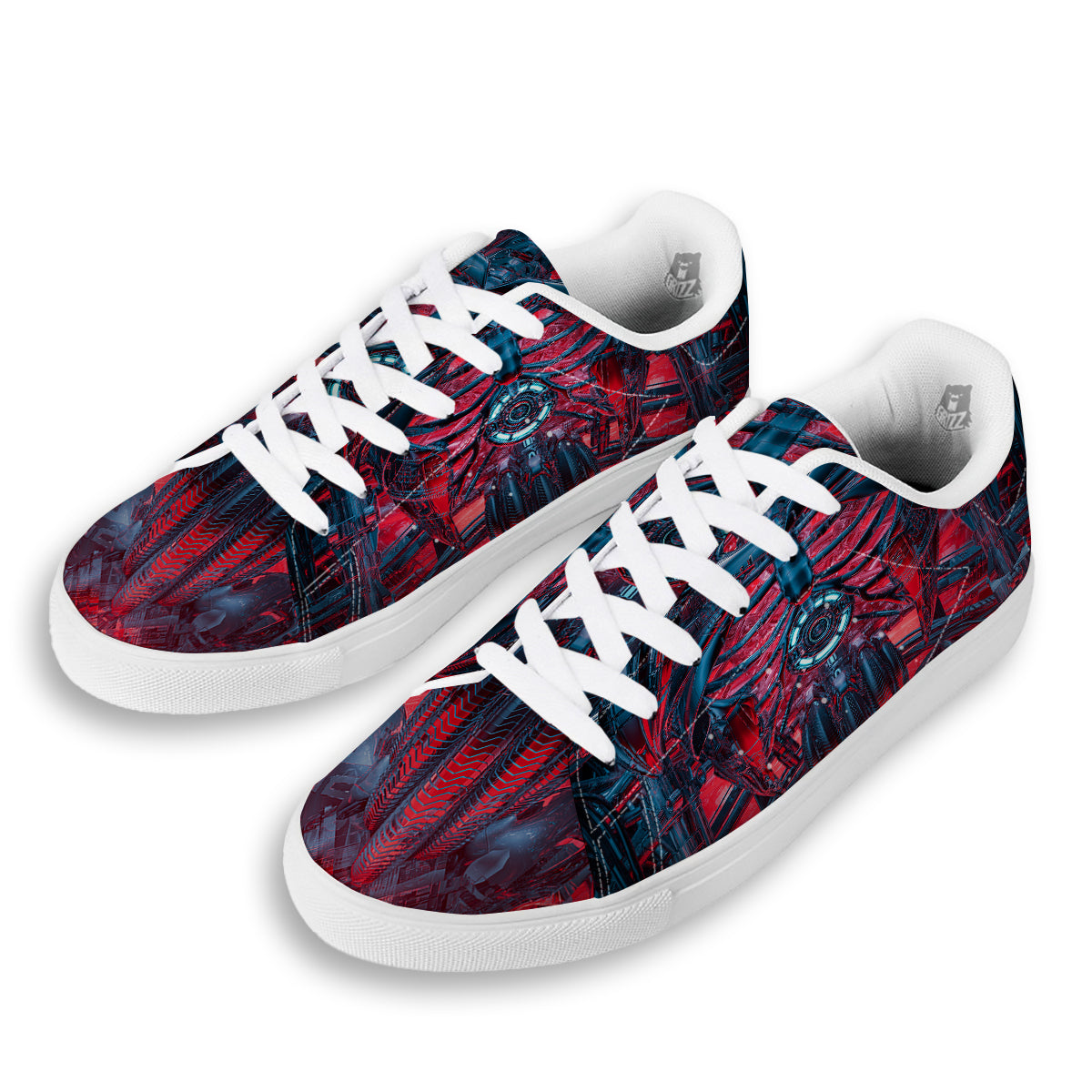 Red Robot Cyberpunk Print White Low Top Sneakers-grizzshop