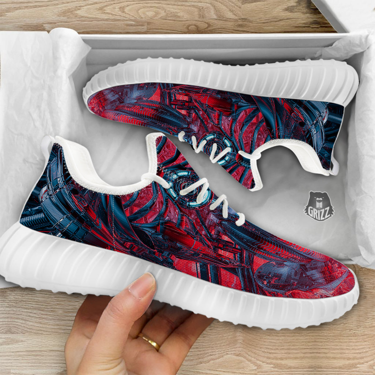 Red Robot Cyberpunk Print White Walking Shoes-grizzshop