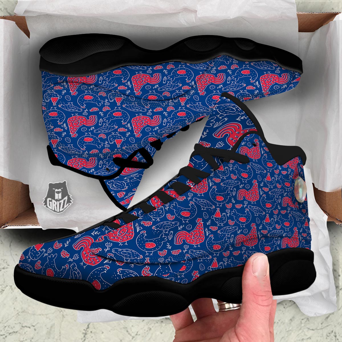 Red Rooster Blue Print Pattern Black Basketball Shoes-grizzshop