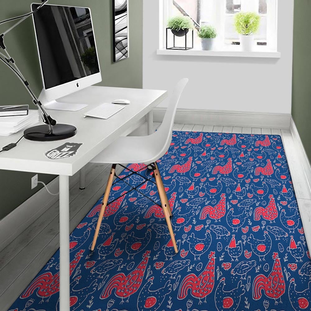 Red Rooster Blue Print Pattern Floor Mat-grizzshop