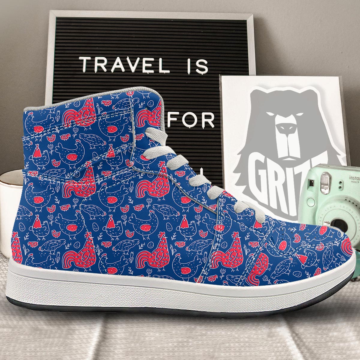 Red Rooster Blue Print Pattern High Top Sneakers-grizzshop