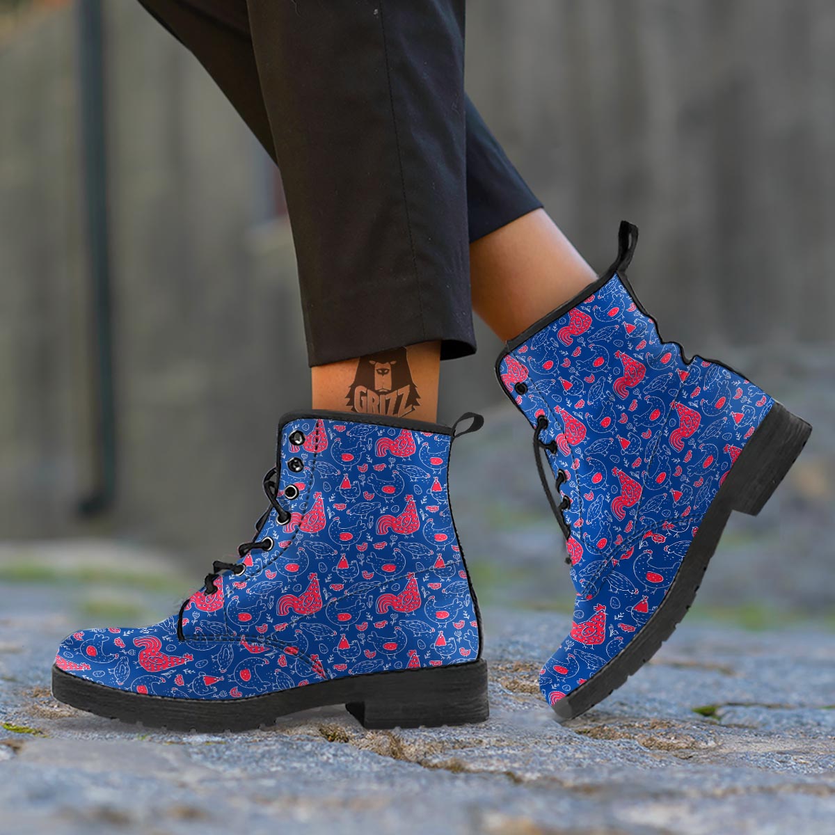 Red Rooster Blue Print Pattern Leather Boots-grizzshop