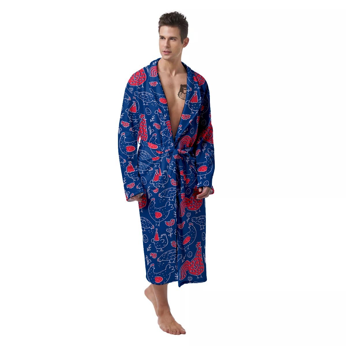 Red Rooster Blue Print Pattern Men's Robe-grizzshop