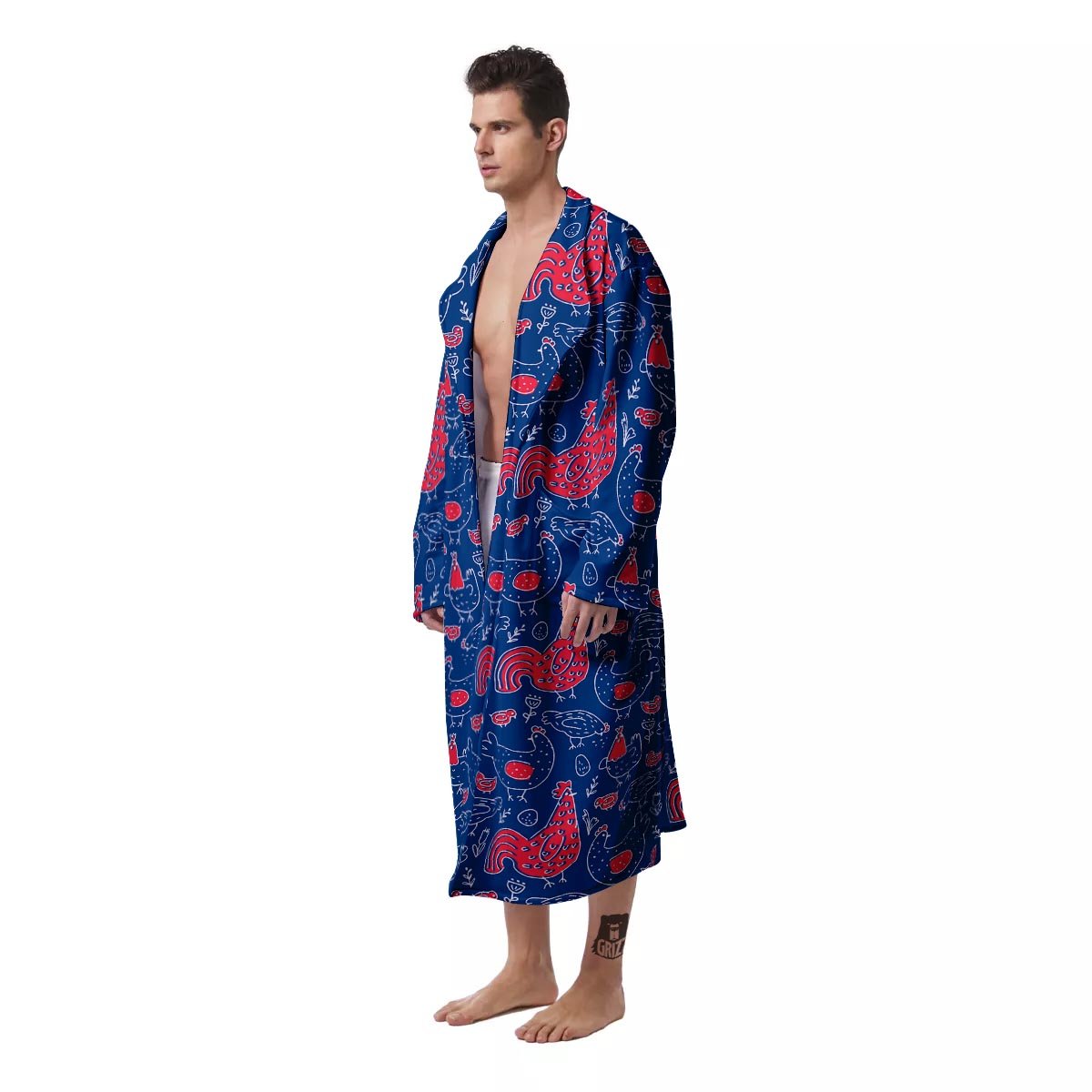 Red Rooster Blue Print Pattern Men's Robe-grizzshop