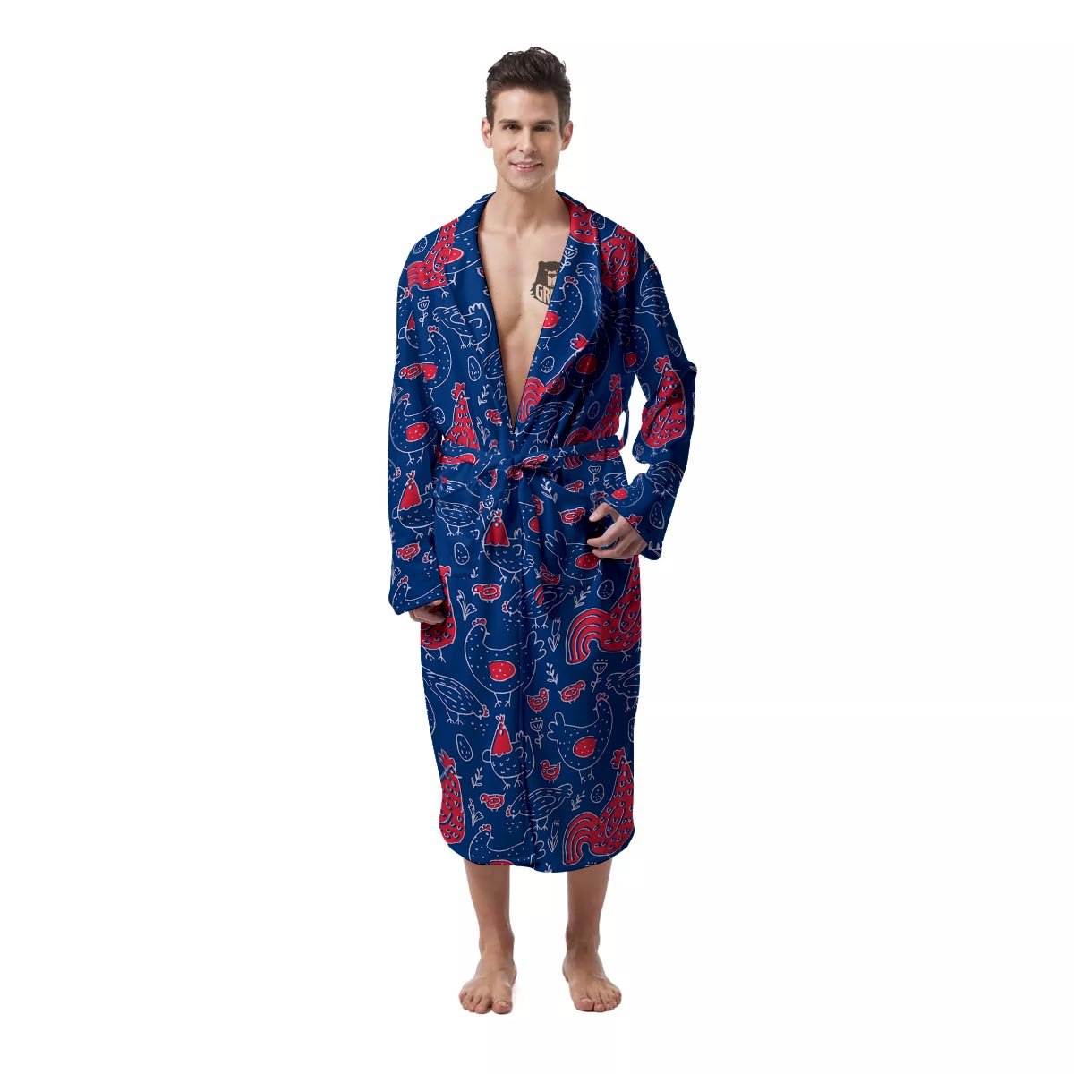 Red Rooster Blue Print Pattern Men's Robe-grizzshop