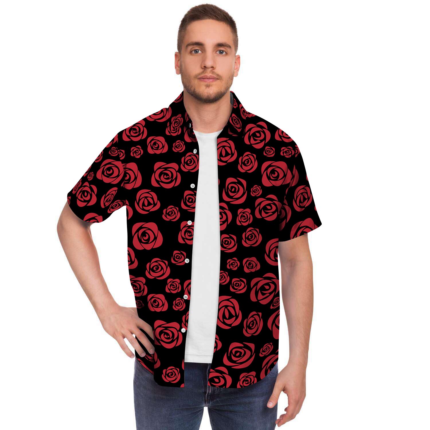 Red Rose Floral Doodle Men's Short Sleeve Shirt-grizzshop