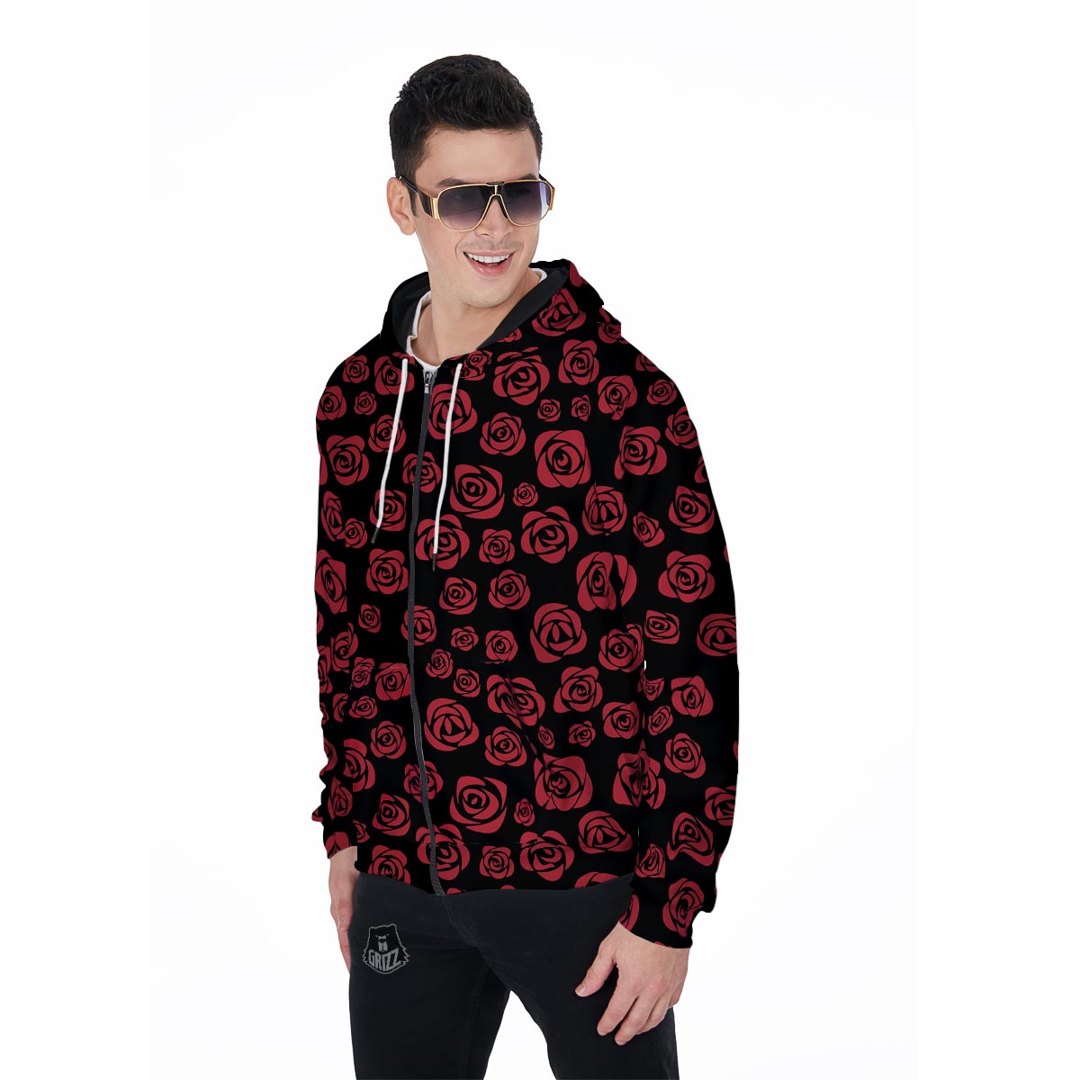 Red Rose Floral Doodle Men's Zip Up Hoodie-grizzshop
