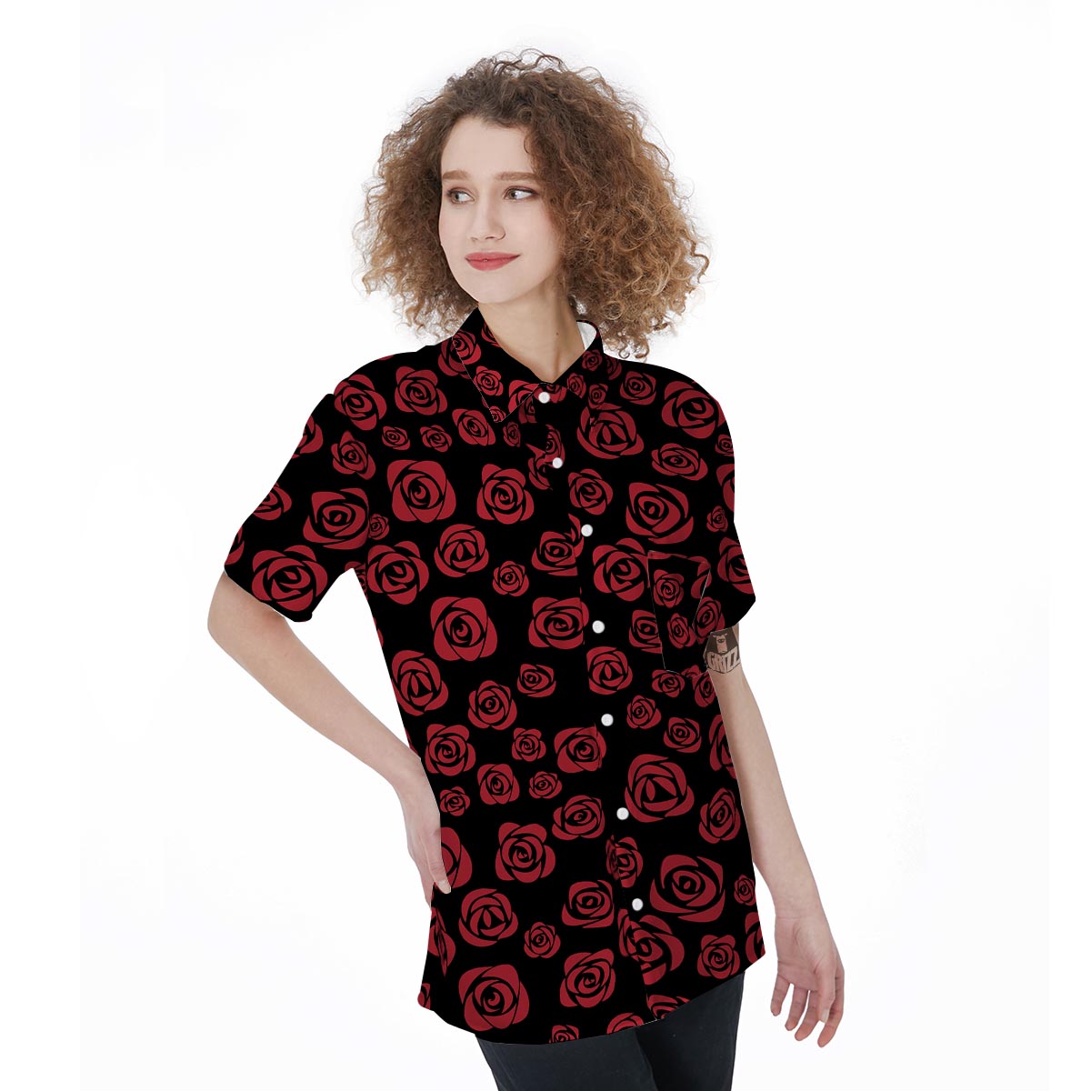 Red Rose Floral Doodle Women's Short Sleeve Shirts-grizzshop